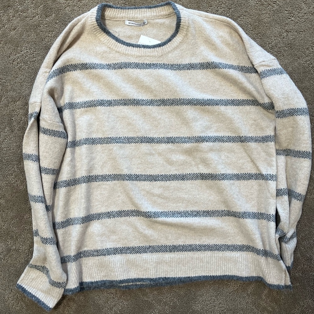 Staccato Cream and Blue Crewneck Sweater Nautical Stripes